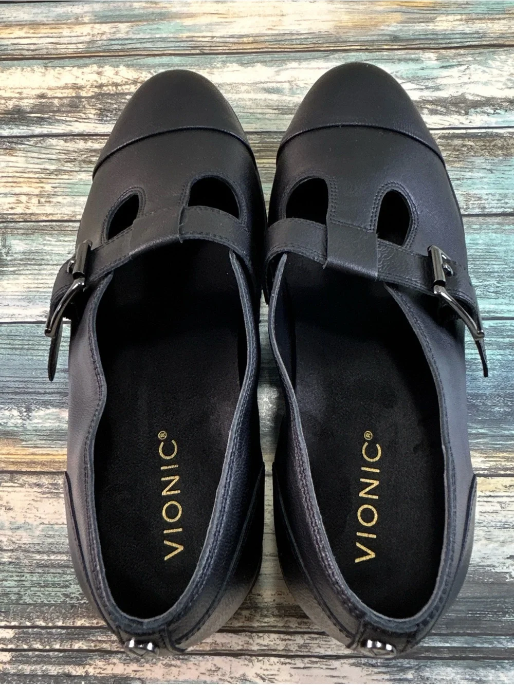VIONIC T-Strap Mary Janes 8.5W Wedge Schoolgirl Collegiate Preppy Black Leather
